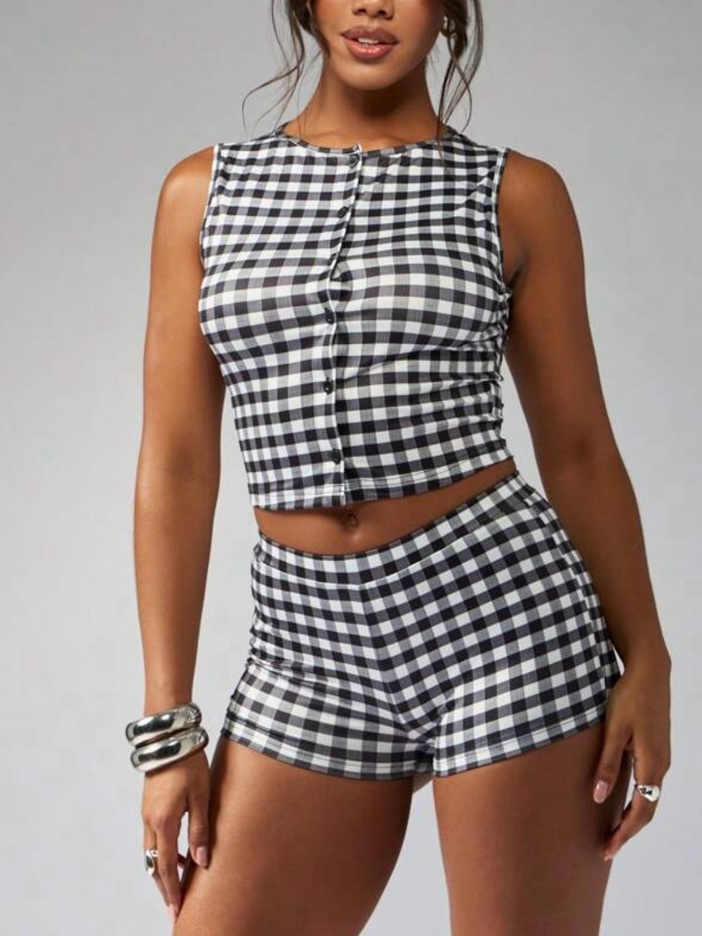 Missguided Black & White Gingham Button Crop Top and High-Waist Shorts